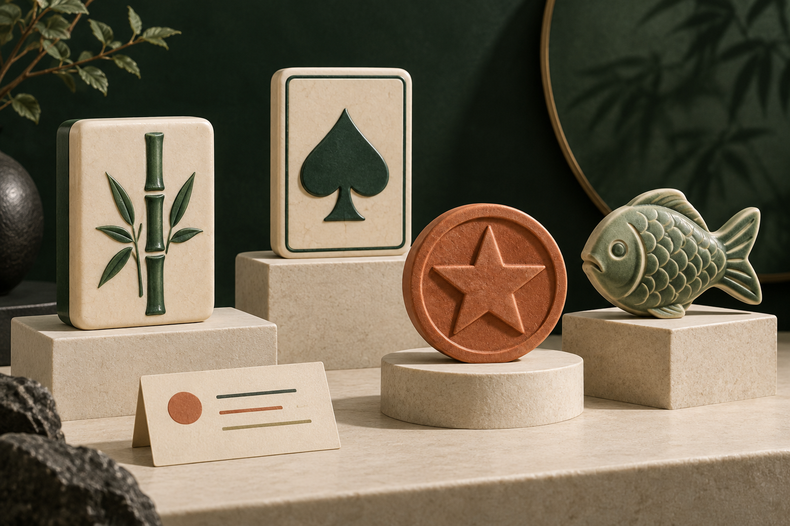 Ilustrasi ubin mahjong, gulungan slot, kartu, dan keping kasino.