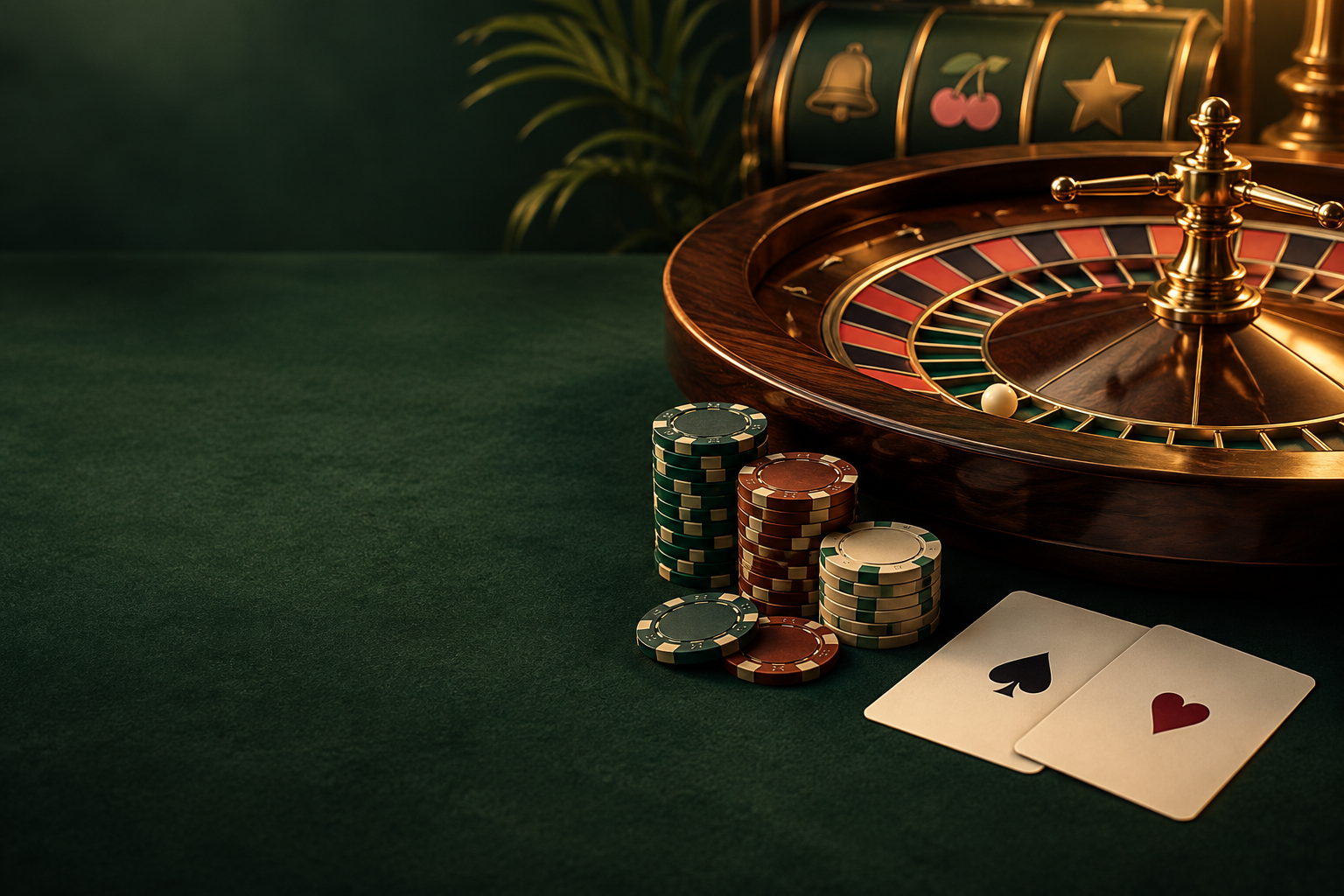 Ilustrasi roda roulette dengan kartu dan keping bercahaya tembaga.